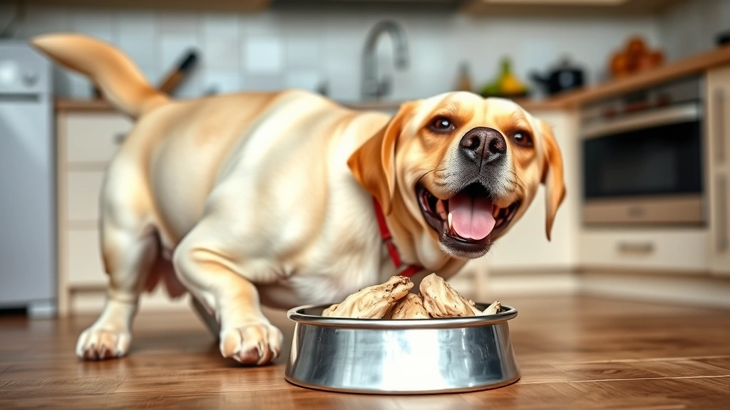 Happy Labrador eating plain cooked chicken from a dog bowl, wagging tail, bright kitchen background