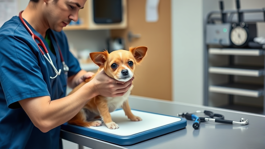Veterinarian examining small dog on examination table, medical equipment visible, professional clinic setting, no text no words no letters