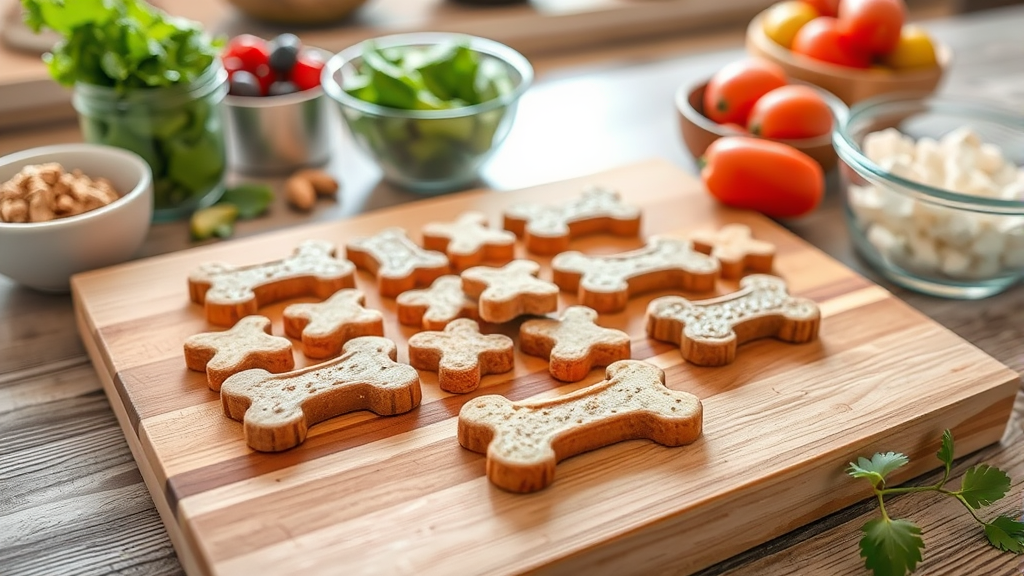Homemade dog treats shaped like bones on wooden cutting board, healthy ingredients around, bright kitchen lighting, no text no words no letters