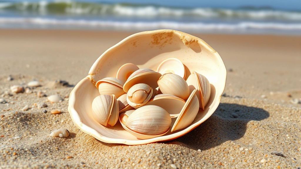 Fresh raw clams in shell on beach sand with ocean waves background, natural lighting, coastal setting