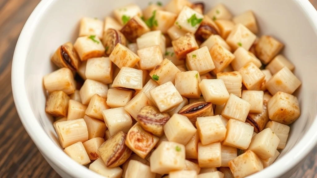 Cooked clam meat chopped into small pieces in white ceramic bowl, healthy dog food preparation
