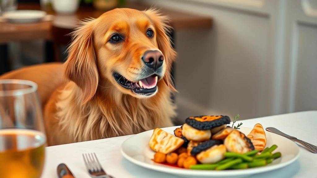 Golden retriever dog sitting at dinner table looking at plate of prepared seafood treats, happy expression
