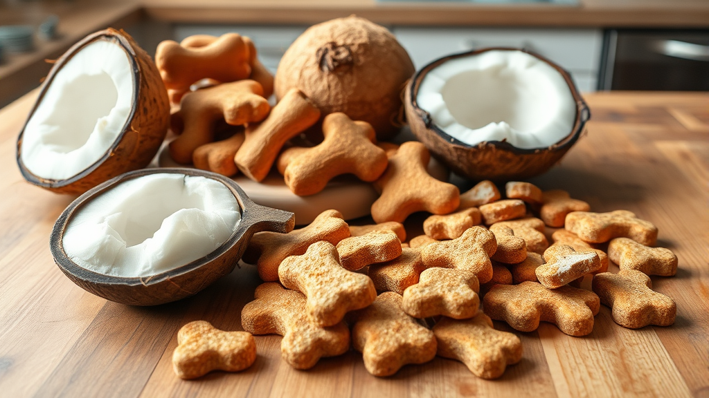 Healthy dog treats and fresh coconut pieces arranged on wooden table, natural ingredients, bright kitchen, no text no words no letters