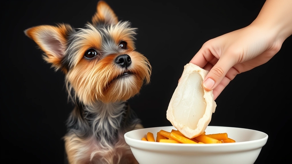 A small terrier dog sitting attentively while a human hand holds a piece of cooked white fish above the bowl, showing anticipation and trust