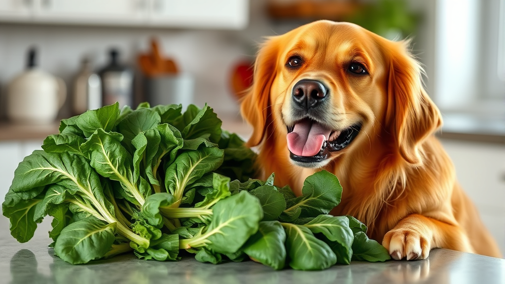 Happy golden retriever sitting next to fresh collard greens on kitchen counter, natural lighting, no text no words no letters