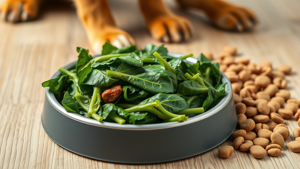 Steamed collard greens in dog bowl next to kibble, healthy dog food preparation, no text no words no letters