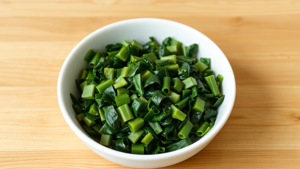 Steamed chopped collard greens in plain white dog bowl on wooden surface, healthy dog food preparation, no text no words no letters