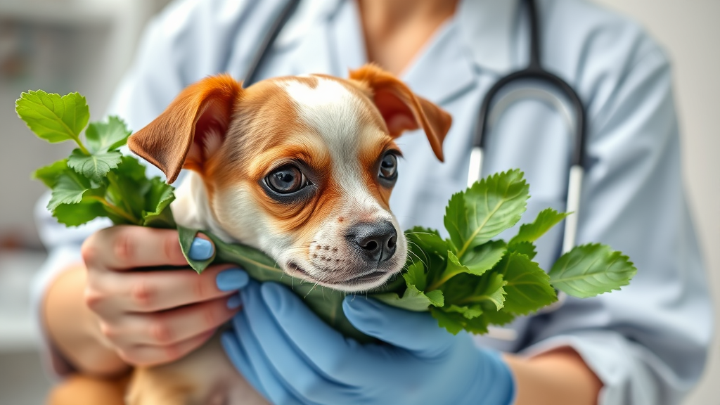 Veterinarian examining small dog while holding leafy green vegetables, professional pet care setting, no text no words no letters