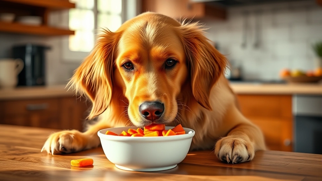 Golden retriever happily eating orange cooked carrot pieces from a white ceramic bowl on a wooden kitchen counter, warm natural lighting