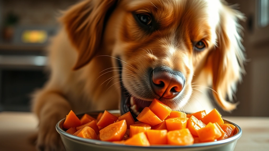 Golden Retriever happily eating from a bowl filled with soft cooked carrot pieces, warm kitchen lighting, close-up of dog's face showing contentment