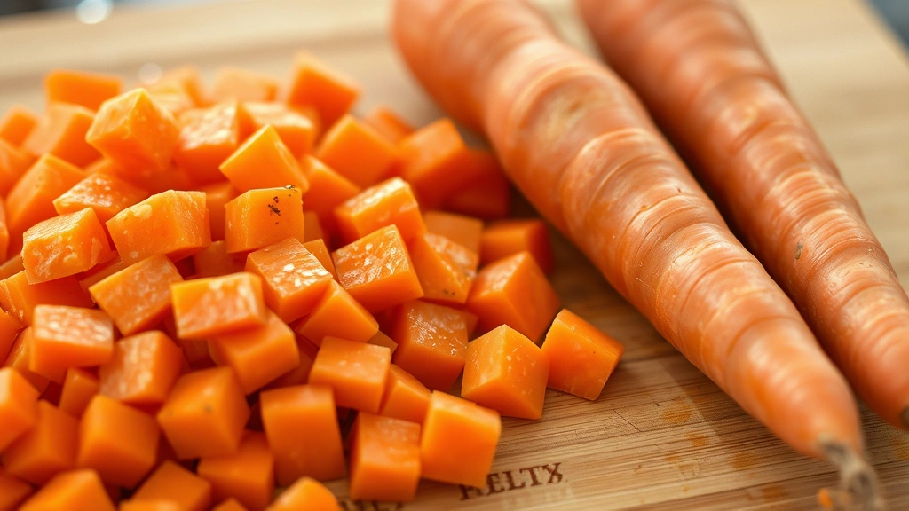 Close-up of soft cooked carrots cut into small chunks on a cutting board next to whole fresh carrots, steam rising gently