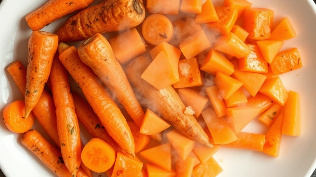 Overhead shot of freshly cooked carrots in various stages - whole, chopped, and softened - arranged on a white plate with steam rising