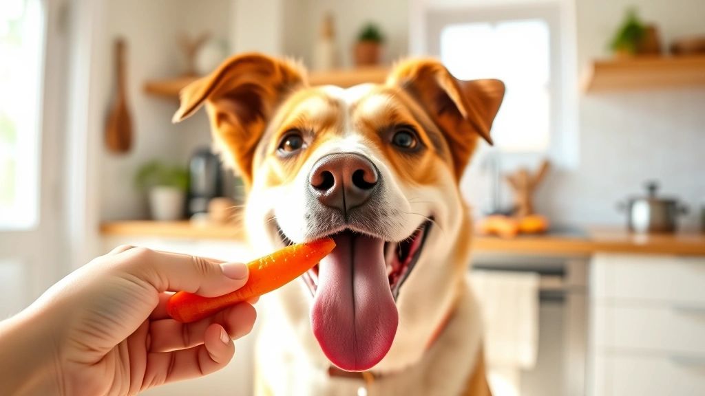 Cheerful mixed breed dog with tongue out being offered a piece of cooked carrot by human hands in a bright, sunny kitchen setting