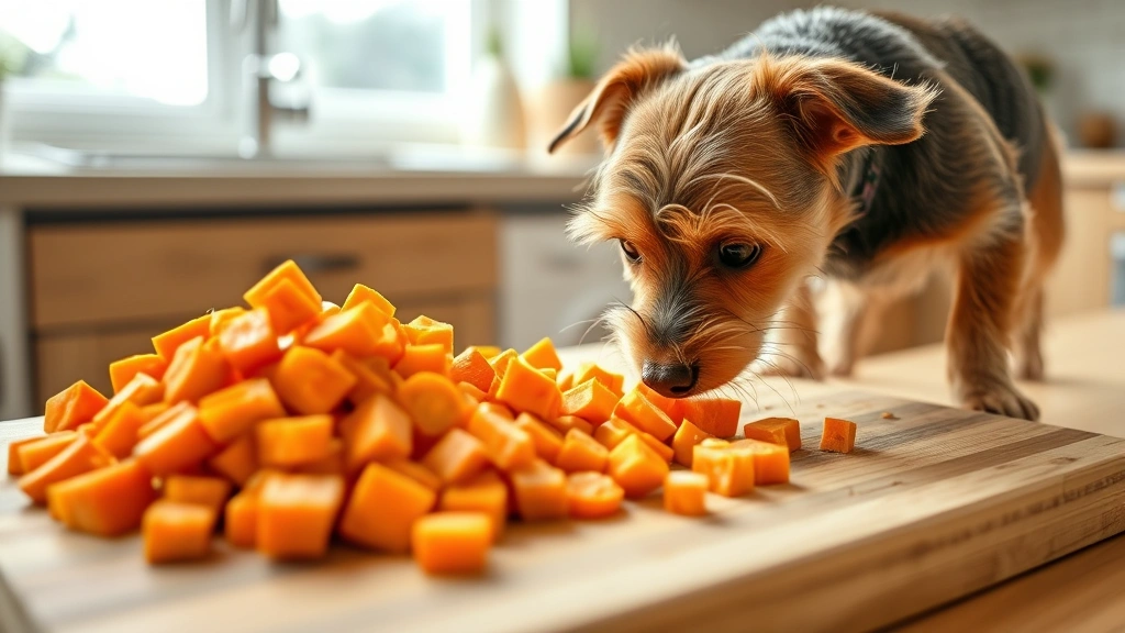 Small terrier dog sniffing and investigating a pile of cooked carrot chunks on a wooden cutting board in a bright kitchen setting