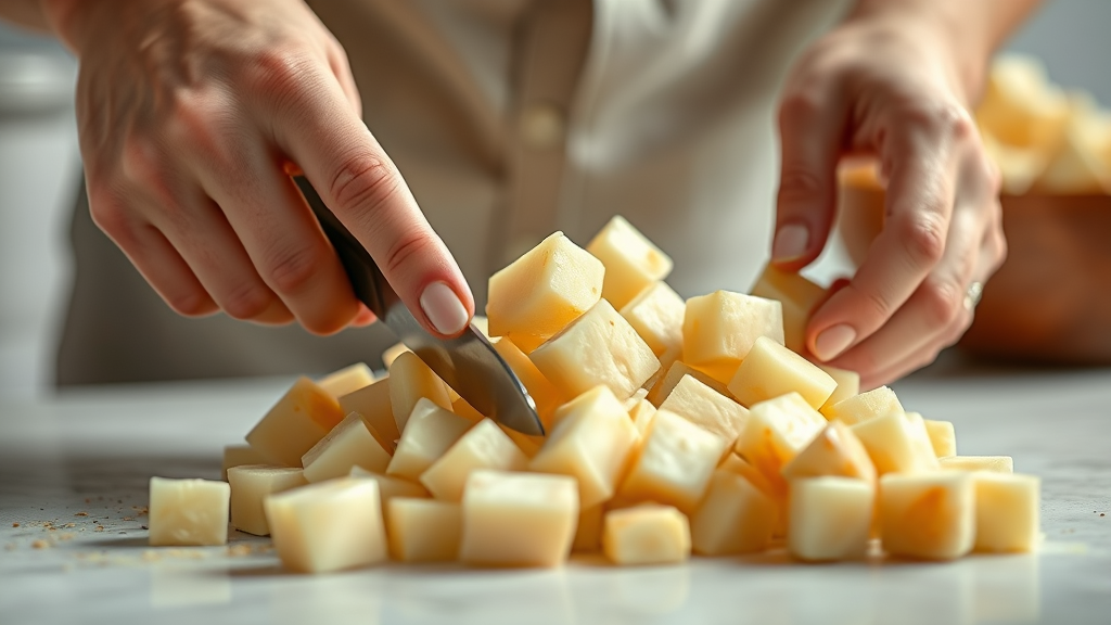 Close-up of hands cutting plain boiled potato into small cubes for dog treat preparation, clean kitchen setting, no text no words no letters