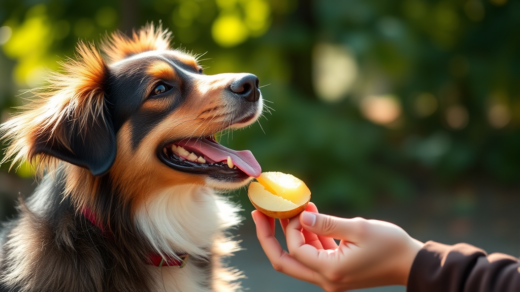 Happy dog looking at owner holding small piece of cooked potato as healthy treat, bright natural lighting, no text no words no letters