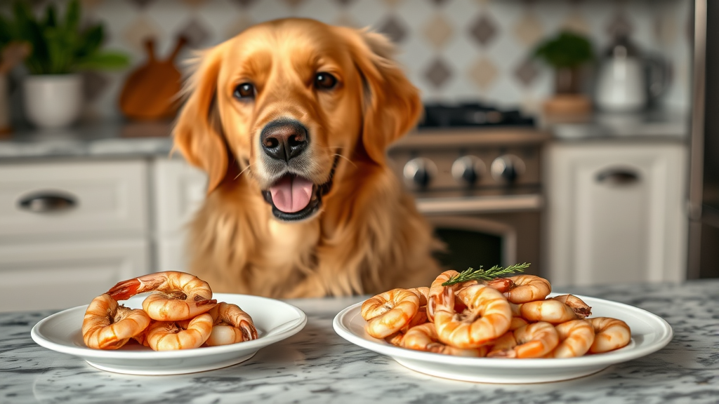 Golden retriever dog sitting beside plate of cooked pink shrimp on kitchen counter, no text no words no letters