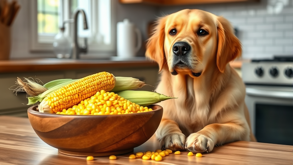 Golden retriever sitting beside fresh corn kernels in wooden bowl on kitchen counter no text no words no letters