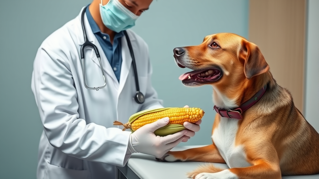 Veterinarian examining healthy dog while corn cob and kernels sit on examination table no text no words no letters