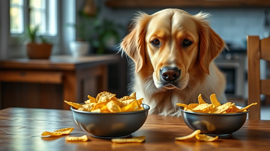 Golden Retriever sitting next to a bowl of corn chips on a wooden table, looking longingly at the snack, natural home setting with soft lighting