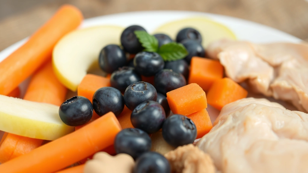 Close-up of various healthy dog treats including carrots, apple slices, blueberries, and plain cooked chicken arranged on a white plate