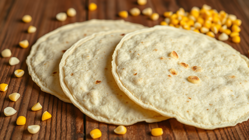 Close up of plain corn tortillas with corn kernels scattered around on wooden surface, no text no words no letters