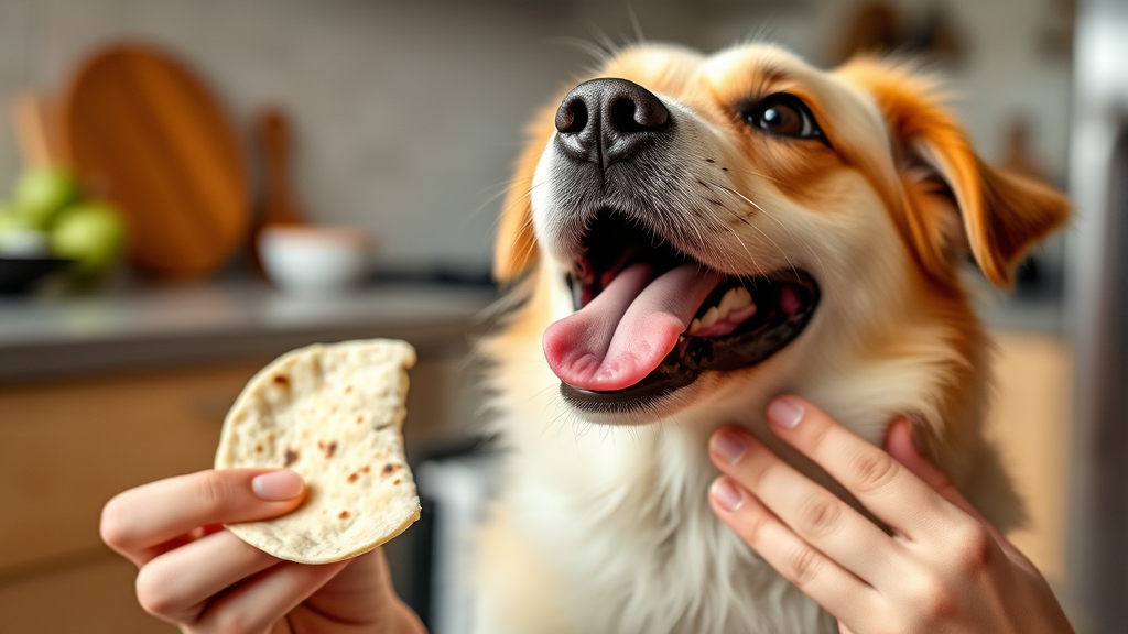 Happy dog looking up expectantly while owner holds small piece of plain tortilla, kitchen setting, no text no words no letters