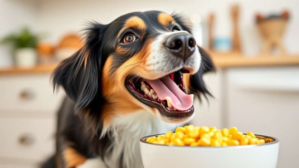 Happy dog enjoying healthy corn kernels from bowl, bright kitchen scene, safe pet treat alternative, no text no words no letters