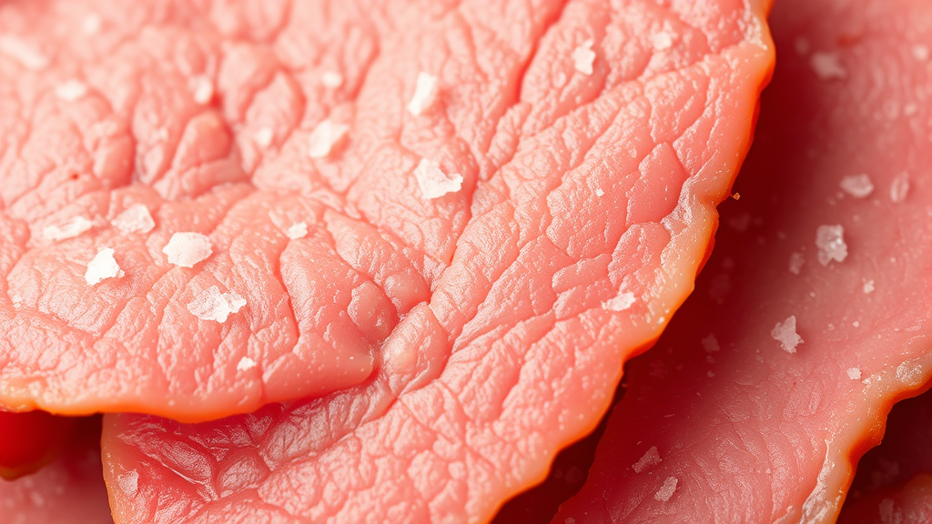 Close up of corned beef slices showing texture and salt crystals, no text no words no letters