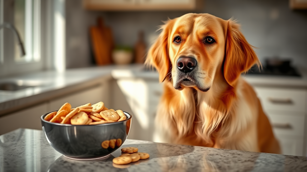 Golden retriever sitting beside bowl of plain crackers on kitchen counter, natural lighting, no text no words no letters