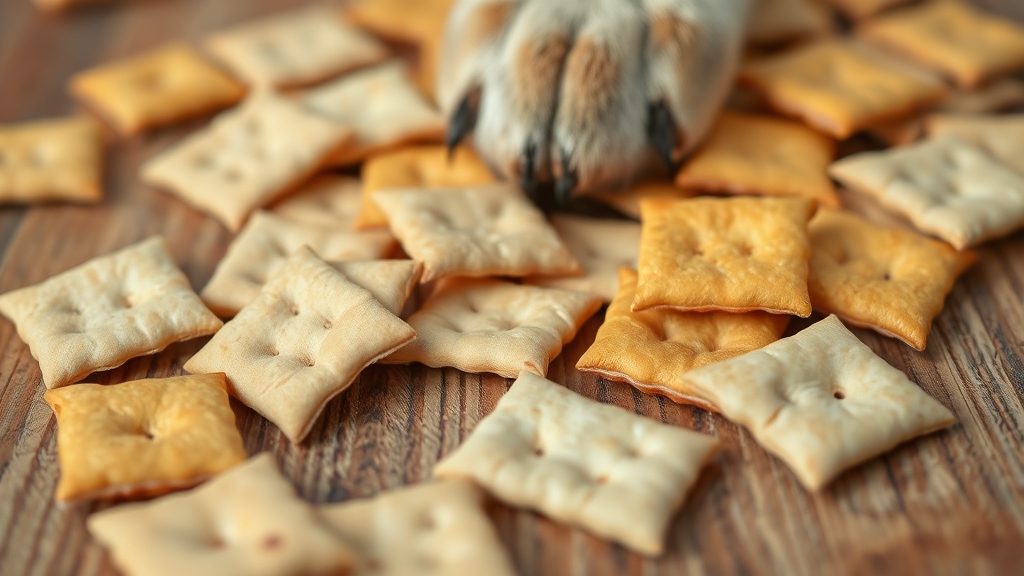 Close-up of different types of crackers spread on wooden surface with dog paw visible, no text no words no letters