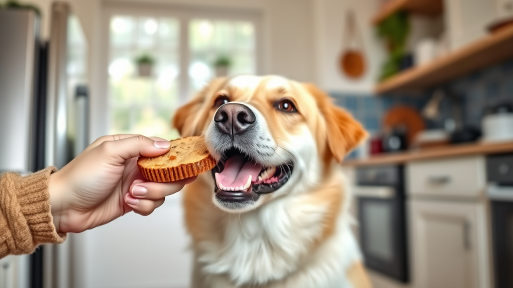 Happy dog receiving healthy homemade treat from owner's hand in bright kitchen, no text no words no letters