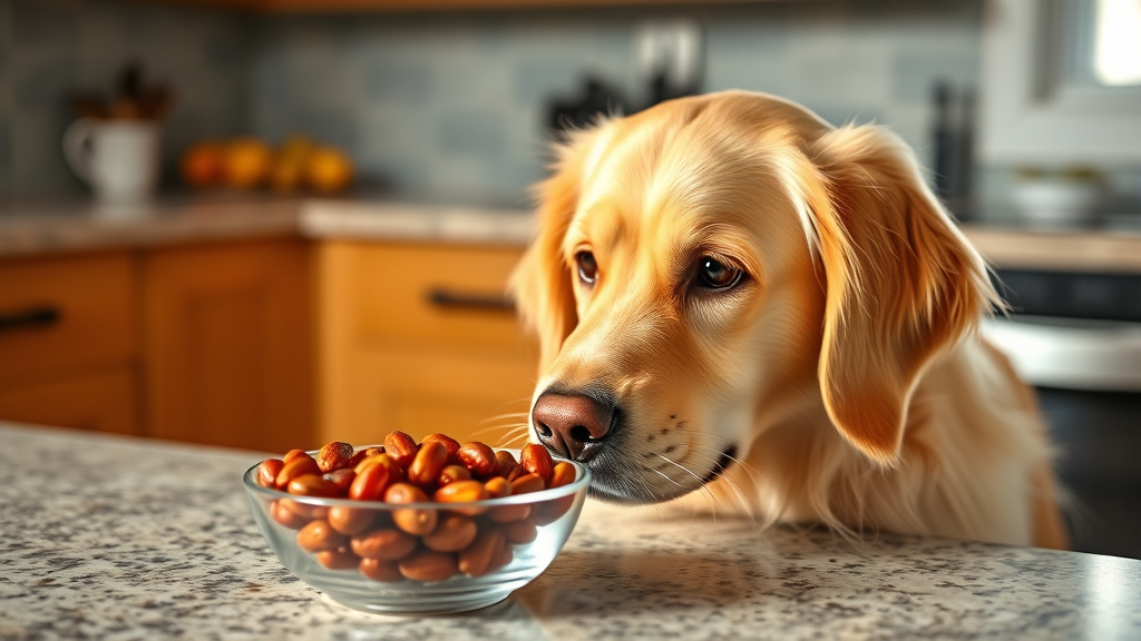 Golden retriever looking curiously at bowl of red craisins on kitchen counter, natural lighting, no text no words no letters