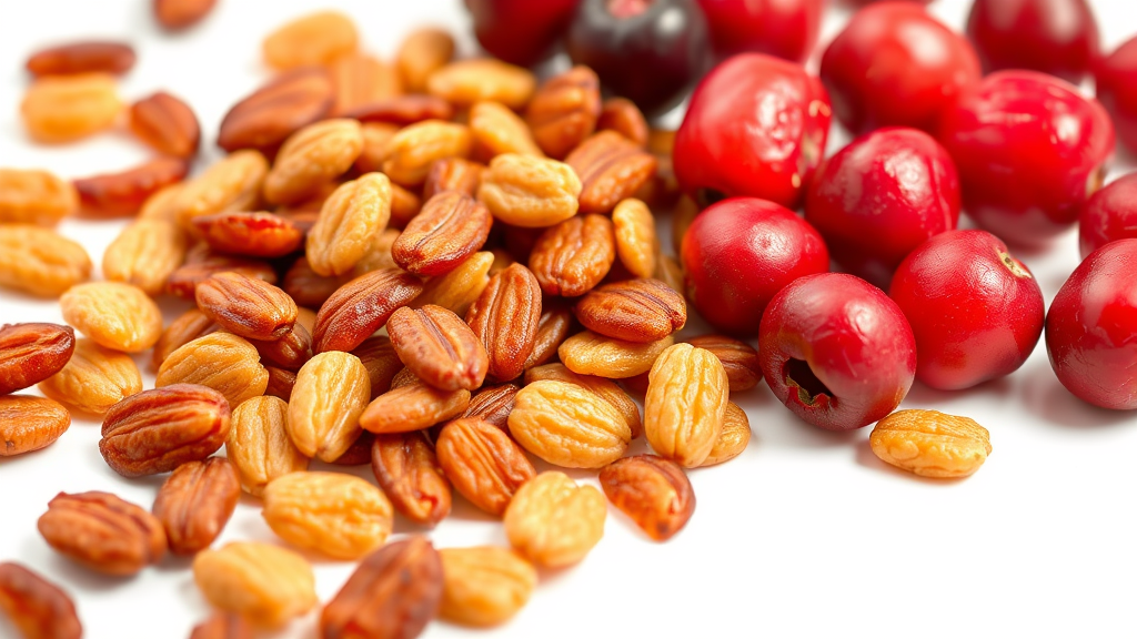 Close up of craisins scattered next to fresh cranberries showing size comparison, bright natural light, no text no words no letters