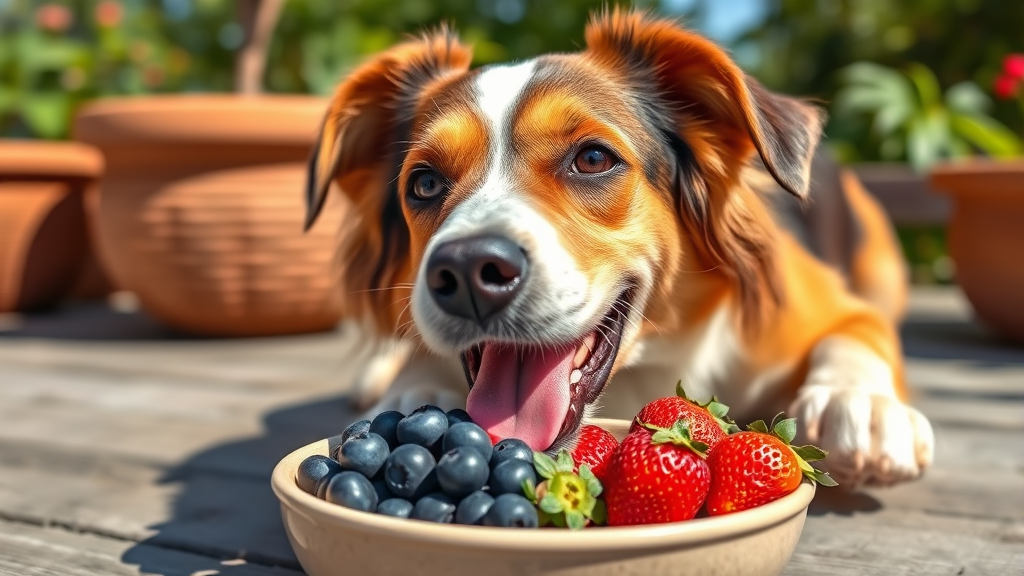 Happy dog eating fresh blueberries and strawberries from ceramic bowl outdoors, sunny day, no text no words no letters