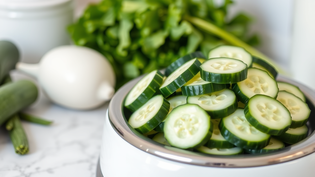 Sliced cucumber pieces arranged on dog bowl with fresh green vegetables, kitchen counter background, no text, no words, no letters