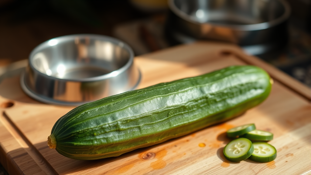 Fresh cucumber with green skin on wooden cutting board with dog bowl nearby, natural lighting, no text no words no letters