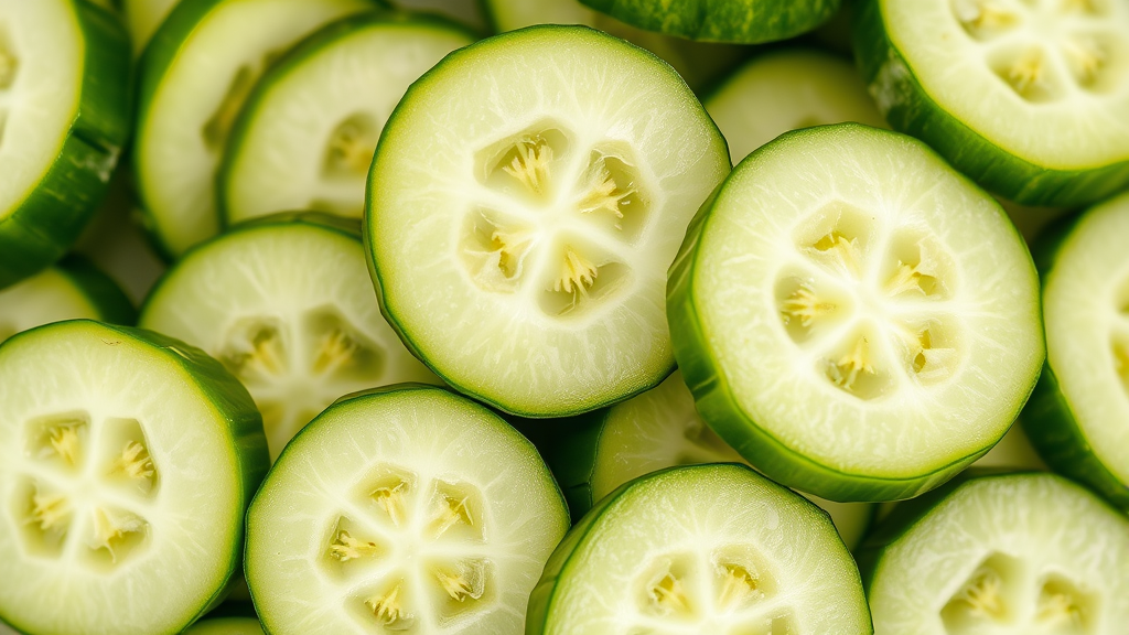 Close up of cucumber slices showing skin and flesh detail, fresh and crisp appearance, no text no words no letters