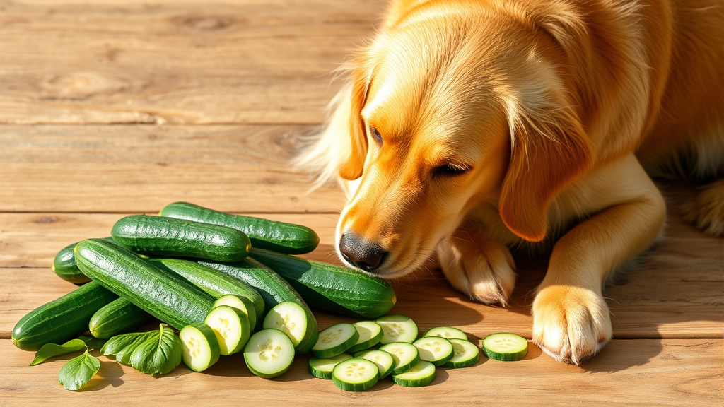 Golden retriever dog sitting beside fresh whole cucumbers and cucumber slices on wooden surface, bright natural lighting, no text no words no letters