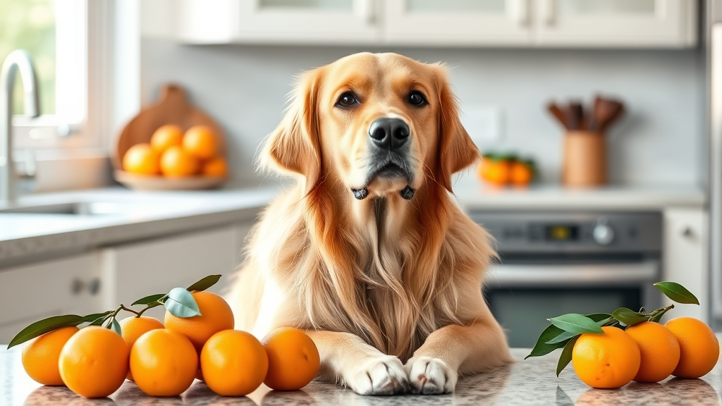 Golden retriever dog sitting next to fresh mandarin oranges on kitchen counter, natural lighting, no text, no words, no letters