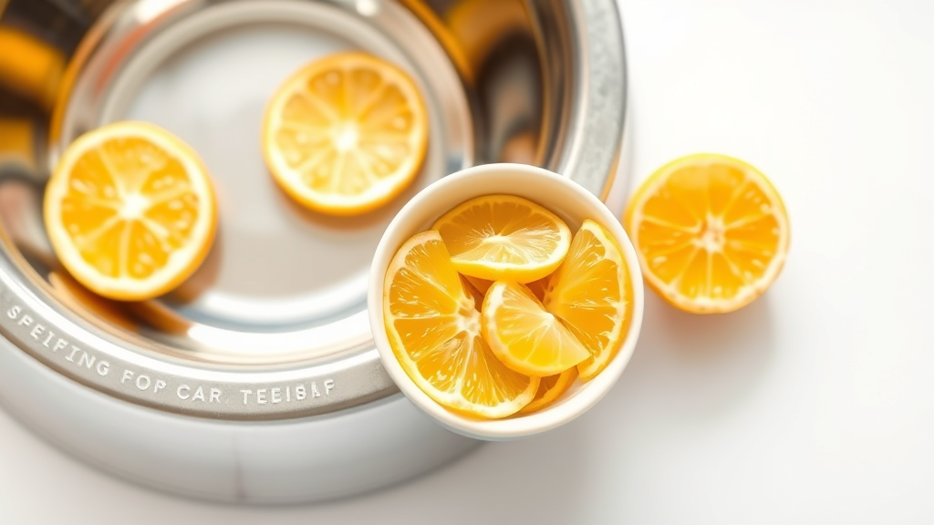 Small peeled citrus segments in dog bowl next to water dish, bright clean background, no text, no words, no letters