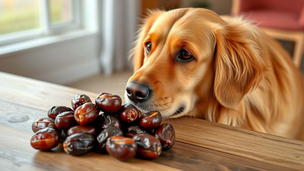 Golden retriever looking at fresh dates on wooden table, no text no words no letters