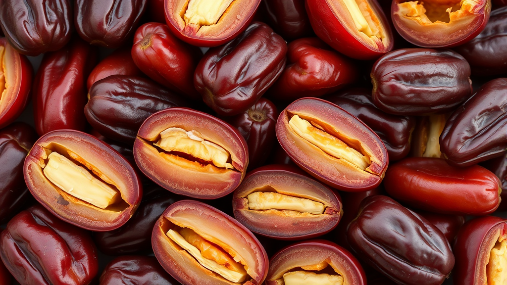 Variety of fresh dates cut in half showing texture and pits removed, no text no words no letters