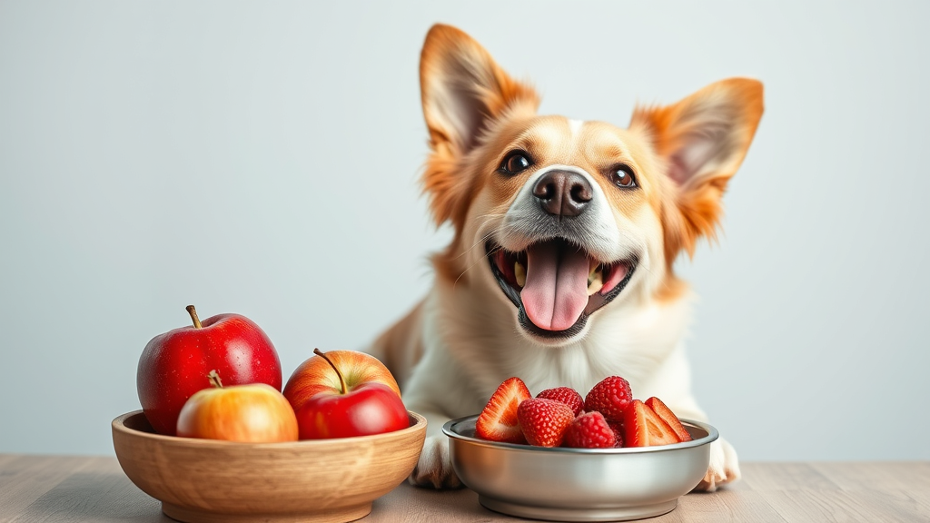 Happy healthy dog with bowl of safe fruit alternatives like apples and berries, no text no words no letters