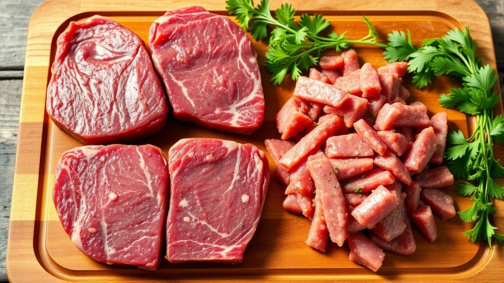 Raw venison steaks and ground venison meat on a wooden cutting board with fresh herbs nearby, natural daylight, appetizing presentation