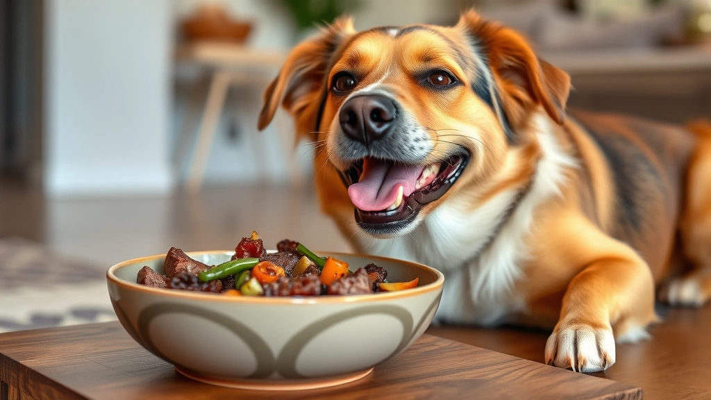 Happy medium-sized mixed breed dog enjoying a meal of prepared venison with vegetables in ceramic bowl, comfortable home setting, satisfied expression