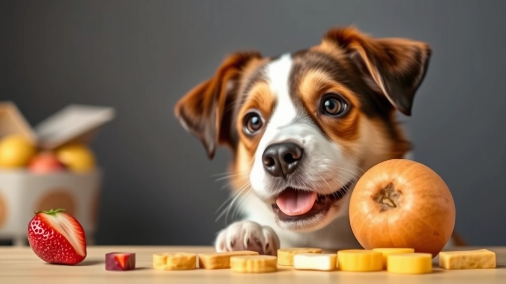 Dog looking at fruit treats with question mark, representing pet food safety decision making