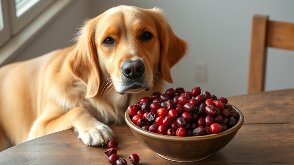 Golden retriever sitting beside bowl of fresh and dried cranberries on wooden table, natural lighting, no text no words no letters