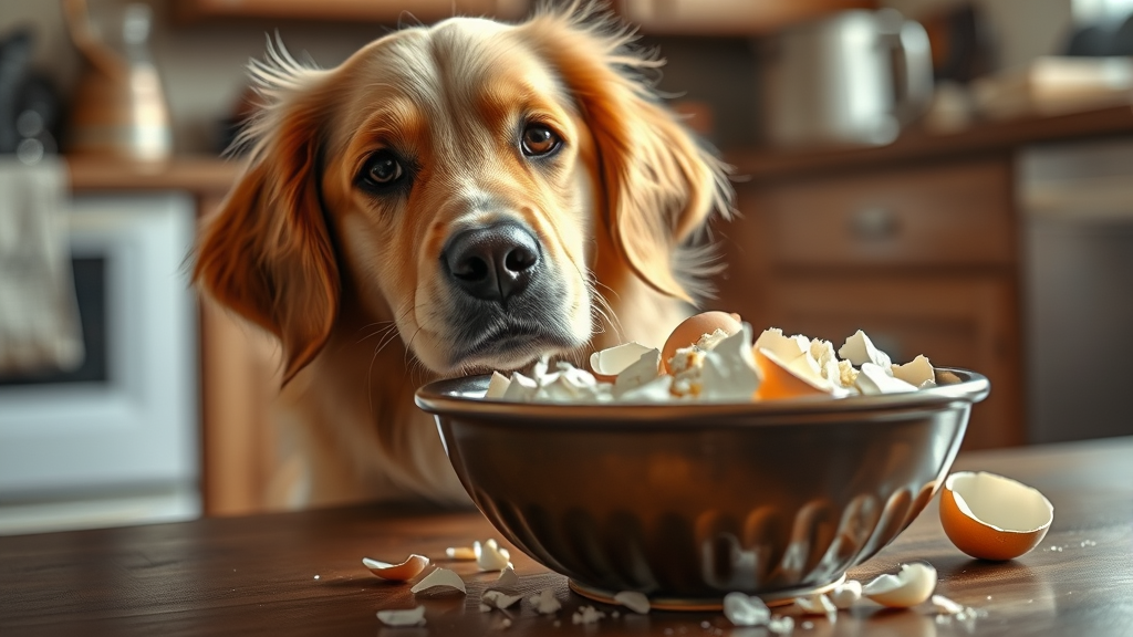 Golden retriever looking curiously at crushed eggshells in kitchen bowl, warm lighting, no text no words no letters