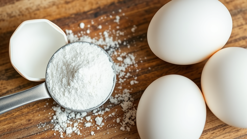 Finely ground white eggshell powder in measuring spoon next to whole eggs on wooden counter, no text no words no letters